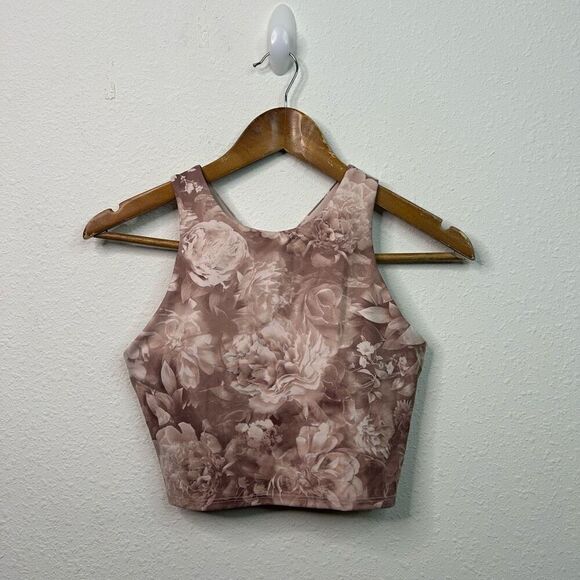 Athleta A-C Conscious Crop Top Floral Rose Print Pink Beige Size Small - Picture 1 of 11